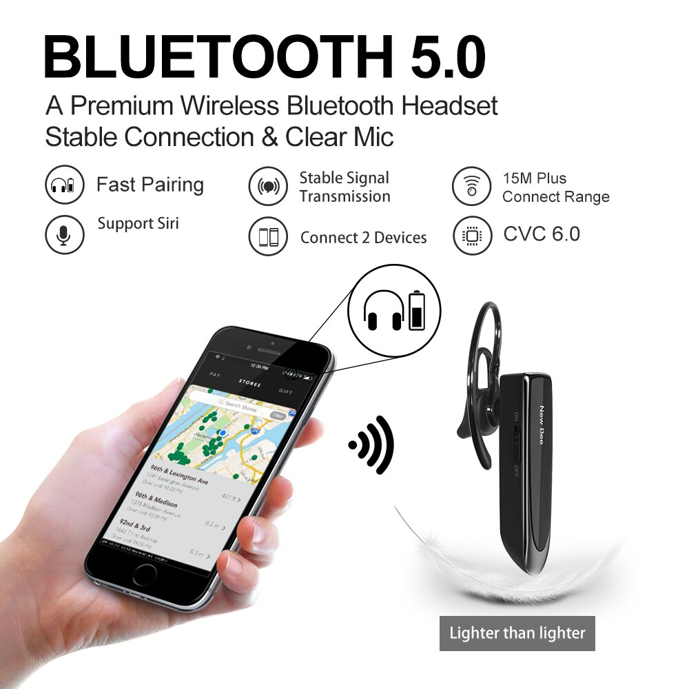 PC-Noir Oreillette Bluetooth sans Fil HTC Sony LG AUCARY Oreillette Bluetooth Mains Libres avec Microphone Casque de Conduite 24 Heures pour iPhone Samsung 